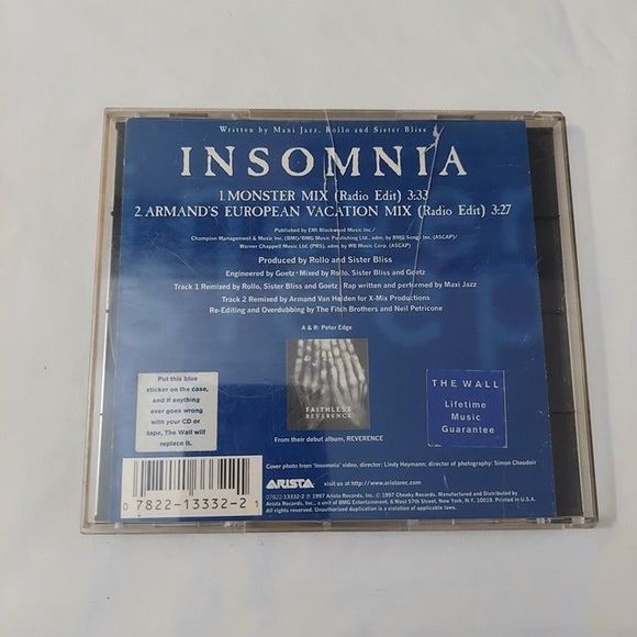 Faithless Insomnia Rare Promo CD 1997 Arista/EMI Records Trance Techno House - Picture 6 of 9